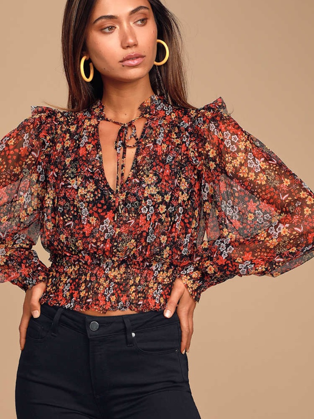 Free People Twyla Sheer Floral Red Multi Floral Smocked Blouse Size Medium